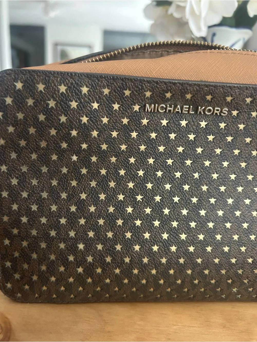 Michael Kors Brown and Tan Star-Print Crossbody Bag